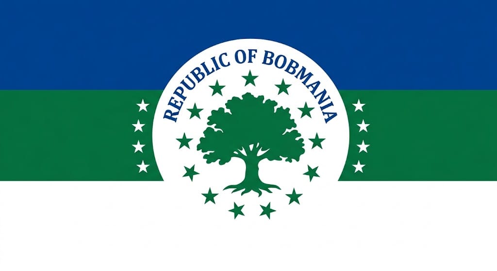National flag of the Republic of Bobmania: horizontal bands of blue, green, and white with a white seal showing a green oak tree ringed by stars